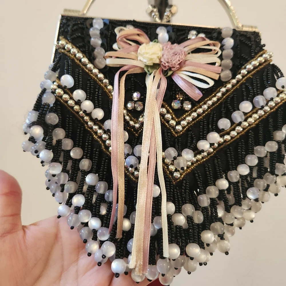 Beaded Handbag Black & White Clutch Purse No Strap